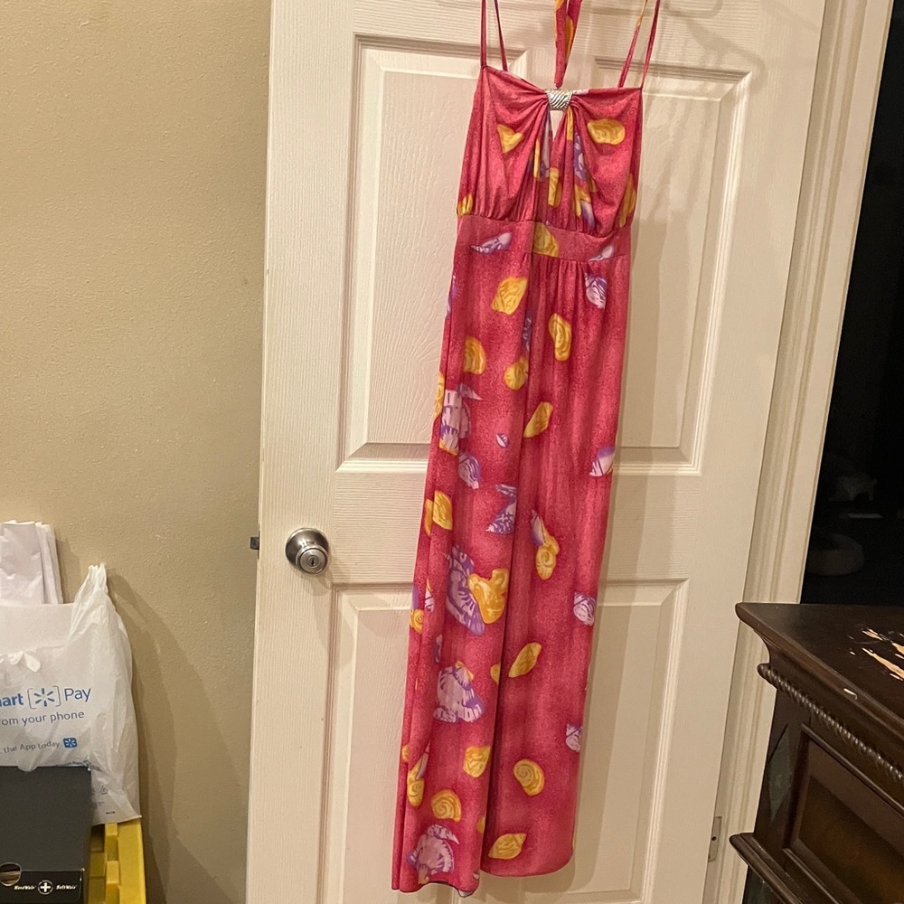 Pink beach print with yellow and lavender